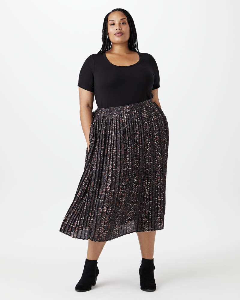 Plus size model with hourglass body shape wearing Anaya Midi Skirt by Downing Studio | Dia&Co | dia_product_style_image_id:144267